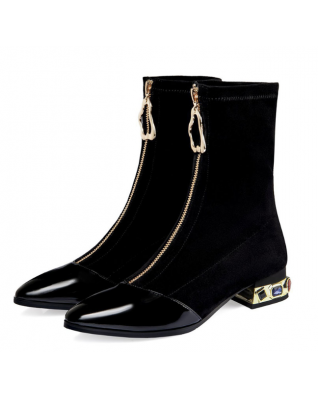 Black Boots Splicing Zipper Rhinestone Square Heel Fashion Elastic Ankle Women Shoes 2023 New Autumn and Winter Black Boots Splicing Zipper Rhinestone Square Heel Fashion Elastic Ankle Women Shoes 2023 New Autumn and Winter