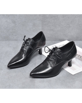 High PumpsPlaid Lace-up Pointed Toe British Style Short Leather Boots Waterproof 2023 New Fashion Spring Autumn High PumpsPlaid Lace-up Pointed Toe British Style Short Leather Boots Waterproof 2023 New Fashion Spring Autumn
