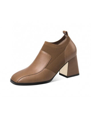 Retro Elastic Knitting Splicing Square High Heels Pumps British Style Ankle Boots 2023 New Fashion Party All-match Women's Shoes Retro Elastic Knitting Splicing Square High Heels Pumps British Style Ankle Boots 2023 New Fashion Party All-match Women's Shoes